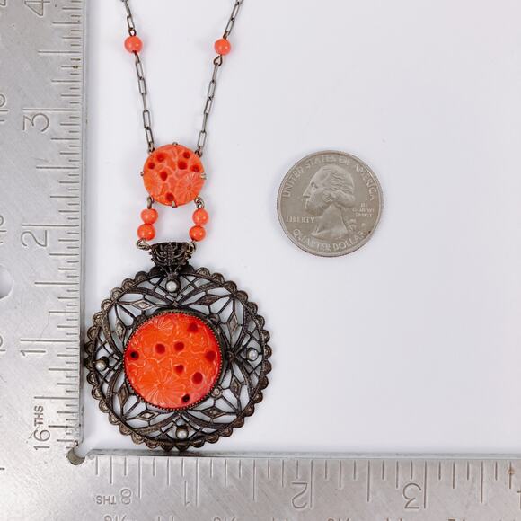 VTG Art Deco Peking Glass Style Red Glass 1920s-1930s Filigree Necklace Pendant - Picture 10 of 16
